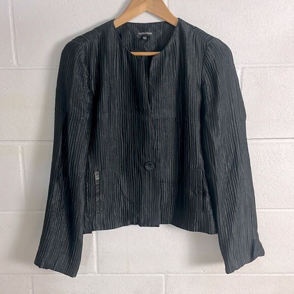 Eileen Fisher pleated silk black one button jacket - Picture 1 of 6